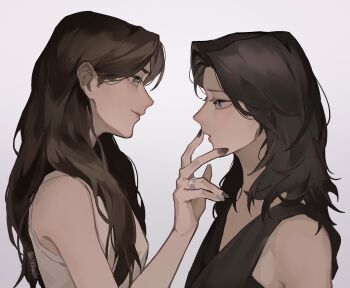 2girls akechi_(826988799) black_hair black_nails black_shirt brown_hair closed_mouth commentary_request eye_contact fingernails from_side hair_over_shoulder hand_on_another's_face highres huh_yunjin jewelry korean_commentary le_sserafim long_hair looking_at_another multiple_girls nail_polish nakamura_kazuha open_mouth profile real_life ring shirt simple_background sleeveless sleeveless_shirt twintails upper_body white_background white_shirt yuri