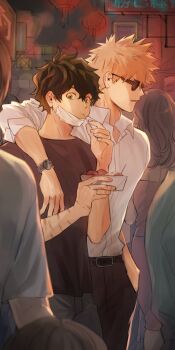 1_moo 2boys adam&#039;s_apple arm_around_shoulder arms_up bakugou_katsuki belt belt_buckle black_belt black_pants black_shirt blonde_hair boku_no_hero_academia brown_hair buckle chewing closed_mouth collared_shirt crew_neck denim double-parted_bangs eating food freckles green_eyes green_hair hair_between_eyes highres holding holding_food jeans lantern long_hair male_focus mask midoriya_izuku mouth_mask multiple_boys multiple_scars neon_sign open_collar pants parted_lips people scar shirt shirt_tucked_in short_hair short_sleeves sleeve_cuffs sunglasses takoyaki walking wing_collar