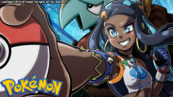 Rule 34 | 1girl, armlet, armpits, black hair, blue eyes, breasts, clenched hands, clenched teeth, creatures (company), crop top, dark-skinned female, dark skin, dynamax band, ear piercing, earrings, female focus, fighting stance, fingernails, game freak, gen 8 pokemon, gloves, grin, gym leader, hair ornament, hand up, highres, hobae, holding, holding poke ball, hoop earrings, jewelry, light blush, long hair, looking at viewer, midriff, multicolored hair, necklace, nessa (pokemon), nintendo, outstretched arm, parted lips, partially fingerless gloves, pendant choker, piercing, poke ball, poke ball print, pokemon, pokemon (creature), pokemon swsh, raised eyebrow, sidelocks, size difference, small breasts, smile, standing, streaked hair, swept bangs, teeth, two-tone hair
