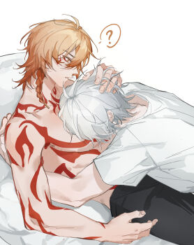 2boys ? absurdres antenna_hair arm_tattoo between_pecs between_pectorals black_pants blonde_hair braid chest_tattoo chinese_commentary commentary_request facial_tattoo from_side gradient_hair hair_between_eyes hand_on_another&#039;s_head head_between_pecs highres honkai:_star_rail honkai_(series) hug male_focus medium_hair multicolored_hair multiple_boys mydei_(honkai:_star_rail) pants pectorals phainon_(honkai:_star_rail) profile red_hair red_tattoo shirt short_hair short_sleeves side_braid simple_background spoken_question_mark tattoo topless_male white_background white_hair white_shirt yaoi yellow_eyes yinbai