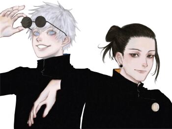 2boys akhn_drawing commentary_request gakuran getou_suguru gojou_satoru highres illust jujutsu_kaisen mondaiji multiple_boys pierrot31 school_uniform sunglasses
