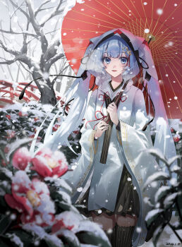 1girl absurdres aqua_hair black_thighhighs chihaya_(clothing) coppepan fortissimo hair_ornament hatsune_miku highres holding holding_umbrella japanese_clothes long_hair long_sleeves looking_at_viewer miko musical_note musical_note_hair_ornament musical_note_print musical_staff musical_staff_print official_alternate_costume official_alternate_hairstyle oil-paper_umbrella open_mouth outdoors smile solo striped_clothes striped_thighhighs thighhighs twintails umbrella very_long_hair vocaloid wide_sleeves winter yuki_miku yuki_miku_(2018)