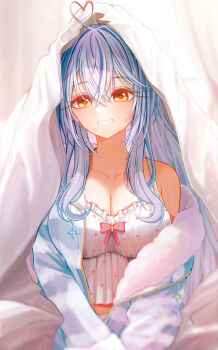 1girl absurdres ahoge blue_hair blue_jacket blush breasts camisole cleavage closed_mouth commentary_request fur-trimmed_jacket fur_trim heart heart_ahoge highres hololive jacket large_breasts long_hair looking_at_viewer multicolored_hair official_alternate_costume pink_hair ruo1001 sidelocks smile solo streaked_hair very_long_hair virtual_youtuber white_camisole yellow_eyes yukihana_lamy yukihana_lamy_(roomwear)