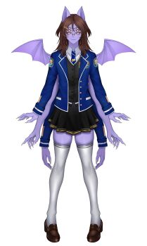 absurdres animal_ears bat_boy bat_ears black_skirt black_vest blue_jacket blue_necktie brown_hair brown_shoes colored_sclera colored_skin dante_will dante_will_(bat) dante_will_(student) dress extra_arms extra_eyes fingernails glasses hair_ornament hairclip highres jacket kiranni1 long_hair long_sleeves necktie neobaka ohwasuy parallel_hairclips purple_skin red_sclera school_uniform sharp_fingernails shirt shoes skirt smile thighhighs vest white_shirt white_thighhighs wings