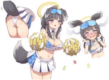 1girl animal_ears ass black_hair blue_archive blush breasts cheerleader commentary_request dog_ears dog_girl dog_tail goggles goggles_on_head halo hibiki_(blue_archive) hibiki_(cheer_squad)_(blue_archive) holding holding_pom_poms jallass korean_commentary long_hair looking_at_viewer millennium_cheerleader_outfit_(blue_archive) navel official_alternate_costume open_mouth panties pom_pom_(cheerleading) pom_poms simple_background skirt solo star_(symbol) star_sticker sticker sticker_on_arm sticker_on_face tail underwear white_background yellow_halo