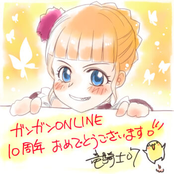 1girl anniversary beatrice_(umineko) blonde_hair blue_eyes bug butterfly female_focus flower grin hair_bun hair_flower hair_ornament insect official_art ryukishi07 single_hair_bun smile solo translation_request umineko_no_naku_koro_ni