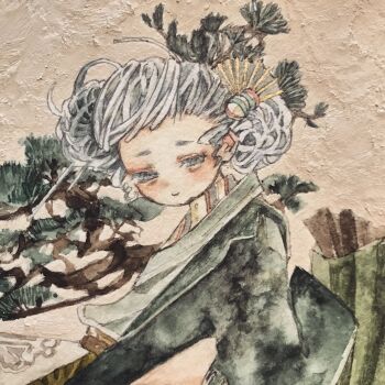 Rule 34 | 1girl, absurdres, acrylic paint (medium), chinese clothes, commentary request, folding fan, grey hair, hair ornament, hand fan, hanfu, highres, japanese clothes, karintoun, looking down, open mouth, original, painting (medium), pine tree, pink background, portrait, simple background, traditional media, tree, watercolor (medium)