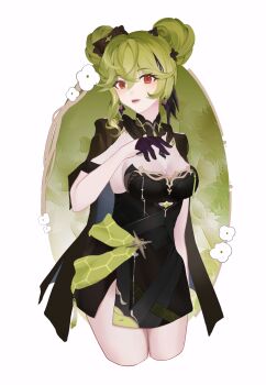 1girl absurdres ai_hyperion_lambda ai_hyperion_lambda_(guiding_star) black_coat black_dress black_gloves breasts chinese_commentary cleavage_cutout clothing_cutout coat commentary_request cropped_legs dress gloves green_hair highres honkai_(series) honkai_impact_3rd large_breasts lin_yu_jin looking_at_viewer official_alternate_costume parted_bangs red_eyes short_hair simple_background solo thighs white_background