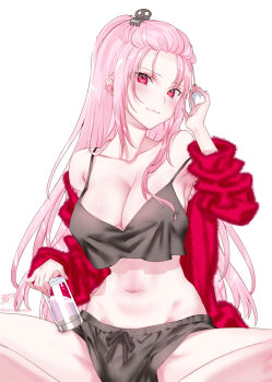 1girl absurdres alternate_costume bangs_pinned_back bare_shoulders blush bottle breasts cleavage commentary dolphin_shorts hair_ornament hairclip highres holding holding_bottle hololive hololive_english kamiya_maneki large_breasts long_hair looking_at_viewer midriff mori_calliope pink_hair red_eyes shorts simple_background sitting solo sweater virtual_youtuber water_bottle