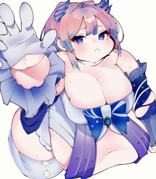 Rule 34 | 1girl, :o, alternate body size, arm support, arm up, bare shoulders, blue bow, blue eyes, blue gem, blue hair, blue sleeves, blush, bow, breasts, center-flap bangs, chile paper, cleavage, clothing cutout, commentary request, cropped legs, crying, crying with eyes open, detached sleeves, diamond cutout, double-parted bangs, dress, dress bow, fat, fat woman, feather-trimmed sleeves, feather hair ornament, feathers, foreshortening, frilled sleeves, frills, from above, gem, genshin impact, gloves, gradient eyes, gradient hair, hair between eyes, hair intakes, hair ornament, half gloves, high ponytail, kneeling, large breasts, long hair, long sleeves, looking at viewer, microdress, muffin top, multicolored eyes, multicolored hair, navel, obese, open mouth, pink eyes, pink hair, ponytail, purple eyes, raised inner eyebrows, reaching, reaching towards viewer, sangonomiya kokomi, sidelocks, simple background, skindentation, solo, strapless, strapless dress, sweat, tears, thighhighs, torn clothes, torn sleeves, tsurime, two-tone eyes, two-tone hair, white background, white dress, white gloves, white thighhighs