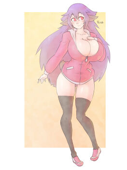 1girl absurdres animal_ears black_socks black_thighhighs bottomless breasts cleavage collarbone commentary dog_ears dog_girl dog_tail english_commentary full_body gigantic_breasts highres hizuki_ayana hood hood_down hoodie huge_breasts jacket kagaku_na_yatsura long_hair looking_to_the_side naked_hoodie no_bra open_clothes pink_shoes purple_hair red_eyes ruff_sketches shoes sneakers socks solo tail thighhighs toon_(style) very_long_hair