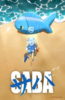 1girl akira_movie_poster artist_name beach blue_hair blue_hoodie commentary day english_commentary fins fish fish_tail footprints gawr_gura gawr_gura_(1st_costume) highres holding holding_polearm holding_weapon hololive hololive_english hood hoodie indie_virtual_youtuber medium_hair multicolored_hair ocean outdoors polearm poster_parody redteapanda sameko_saba sameko_saba_(fish) sand shark_girl shark_tail streaked_hair tail trident two_side_up virtual_youtuber weapon white_hair