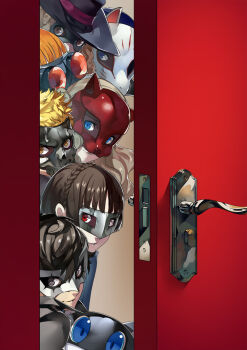 10s 4boys 4girls amamiya_ren around_corner bad_id bad_pixiv_id black_hair blonde_hair blue_eyes blue_hair bodysuit braid brown_eyes brown_hair cat club3 commentary_request crown_braid door door_handle doorway everyone fox_(persona_5) fox_mask goggles graphite_(medium) hair_ornament hairclip headphones highres joker_(persona_5) kitagawa_yuusuke long_hair looking_at_viewer mask morgana_(persona_5) multiple_boys multiple_girls niijima_makoto noir_(persona_5) okumura_haru oracle_(persona_5) orange_hair panther_(persona_5) peeking persona persona_5 queen_(persona_5) red_eyes sakamoto_ryuuji sakura_futaba short_hair skull_(persona_5) smile takamaki_anne traditional_media twintails yellow_eyes