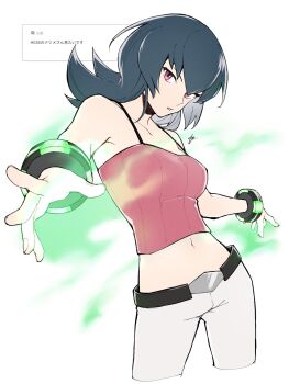 1girl belt belt_buckle black_belt black_hair bracelet breasts buckle camisole commentary_request cropped_legs cropped_shirt flipped_hair glowing head_down highres jewelry long_hair looking_at_viewer medium_breasts medium_hair mocollie navel nintendo pants pink_camisole pokemon pokemon_hgss purple_eyes sabrina_(pokemon) shirt signature sleeveless sleeveless_shirt solo spread_fingers translation_request white_background white_pants