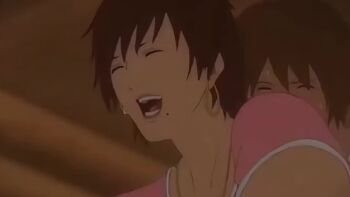 1girl 2boys anal animated anime_screenshot brown_hair clothed_sex double_penetration eirka_(ova) from_behind gyo_(ova) moaning multiple_boys on_bed sex smile sound tagme video
