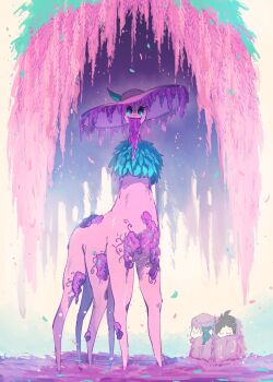 2others absurdres alriune black_eyes closed_eyes colored_skin employee_(project_moon) eyelashes falling_leaves flower hat highres hollow_eyes leaf lobotomy_corporation monster multiple_others nugget_(project_moon) pink_flower pink_hat pink_skin project_moon sabaage sun_hat white_background