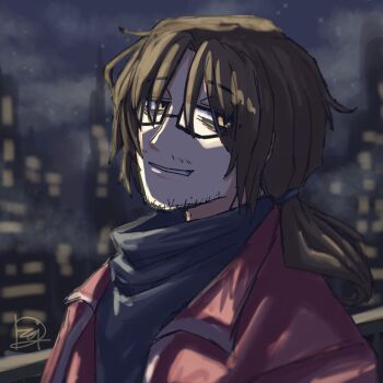 1boy absurdres alternate_costume artist_name bags_under_eyes beard_stubble black-framed_eyewear black-framed_glasses black_sweater blurry blurry_background brown_eyes brown_hair building city city_lights cityscape cloud cloudy_sky collared_jacket dark eyes_visible_through_hair facial_hair from_side glasses gregor_(project_moon) grin hair_between_eyes hair_over_one_eye hair_tie half-closed_eyes highres jacket limbus_company long_hair long_sleeves looking_at_viewer looking_to_the_side low_ponytail male_focus night night_sky official_alternate_costume open_clothes open_jacket outdoors parted_bangs parted_lips photoshop_(medium) ponytail portrait project_moon purple_jacket raised_eyebrows rosespanner_workshop_(identity)_(project_moon) semi-rimless_eyewear sideways_glance signature simple_background sky skyscraper smile smirk smug solo standing star_(sky) starry_sky stubble sweater teeth turtleneck turtleneck_sweater under-rim_eyewear upper_body white_trim yellow_eyes