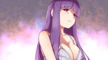 Rule 34 | 1girl, blunt bangs, bra, breasts, cleavage, closed mouth, commentary request, disgust, fern (sousou no frieren), highres, large breasts, long hair, looking at viewer, purple bra, purple eyes, purple hair, solo, sousou no frieren, sugajyun, underwear, underwear only, upper body