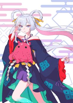 1girl bare_shoulders blue_eyes chinese_commentary cho_kaguya-hime! commentary_request egasumi grey_hair hair_ornament hair_rings halterneck highres japanese_clothes kimono long_hair long_sleeves looking_at_viewer multicolored_hair nail_polish off_shoulder pink_hair purple_eyes runami_yachiyo smile solo standing stuffed_animal stuffed_toy twintails very_long_hair white_hair wide_sleeves