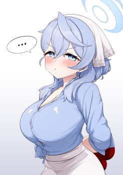 ... 1girl absurdres ako_(blue_archive) alternate_costume blue_archive blue_eyes blue_hair blue_shirt blush breasts button_gap cleavage commentary cream cream_on_clothes cream_on_face food food_on_face greenteamousou halo highres korean_commentary large_breasts looking_at_viewer open_collar shirt shirt_tucked_in simple_background solo spoken_ellipsis v-shaped_eyebrows veil