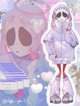 abstract_background artist_name bandaid bandaid_on_face brown_shoes bug butterfly error_message frills full_body gangle_(the_amazing_digital_circus) halo hat heart highres insect jacket leg_warmers mask microsoft_windows pastel_colors pink_leg_warmers pink_ribbon purple_hat purple_jacket red_ribbon ribbon right_gla_s shoes smile sparkle standing the_amazing_digital_circus user_interface windows_95 windows_classic