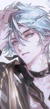 Rule 34 | 1boy, antenna hair, black necktie, black shirt, blue eyes, chinese commentary, commentary request, hair ornament, hairpin, hand on own head, highres, honkai: star rail, honkai (series), huuuhjjj, male focus, neck tattoo, necktie, official alternate costume, phainon (fashion) (honkai: star rail), phainon (honkai: star rail), shirt, short hair, solo, sun symbol, sun tattoo, tan, tattoo, white hair