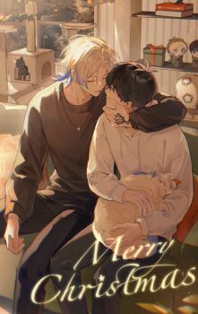 Rule 34 | 2boys, adam's apple, animalization, ball, black cat, black pants, black sweater, blonde hair, blue eyes, blue hair, blue lock, book, book stack, box, cat, character doll, closed eyes, closed mouth, commentary, couch, crown tattoo, doll, drawstring, gift, gift box, hand tattoo, highres, hood, hood down, hoodie, imminent kiss, isagi yoichi, jewelry, looking at another, male focus, merry christmas, michael kaiser, multicolored hair, multiple boys, necklace, on couch, pants, pcal pcal, person and animalization, ring, ring necklace, sitting, soccer ball, sweater, tattoo, two-tone hair, white hoodie, yaoi