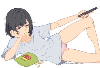 1girl artist_name bag_of_chips black_hair brown_eyes chips_(food) collarbone commentary controller english_commentary food food_in_mouth highres holding holding_remote_control kuso_otoko lying no_pants on_side original panties pink_panties remote_control shirt short_hair simple_background solo t-shirt twitter_username underwear white_background white_shirt
