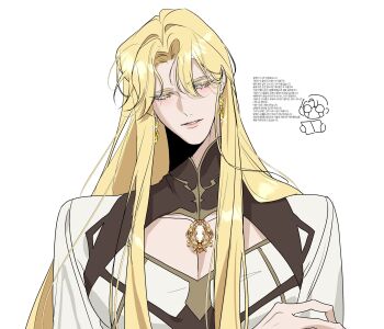 030lala 1boy absurdres artist_self-insert black_shirt blonde_hair brooch chibi chibi_inset cleavage_cutout clothing_cutout collarbone colored_eyelashes commentary crossed_arms curtained_hair earrings eruhaben facing_viewer hair_between_eyes half-closed_eye head_tilt highres jewelry korean_text light_smile long_hair long_sleeves lout_of_count's_family male_focus mandarin_collar parted_lips pectoral_cleavage pectorals shirt sideways_glance simple_background solo symbol-only_commentary two-tone_shirt upper_body white_background white_shirt yellow_eyes