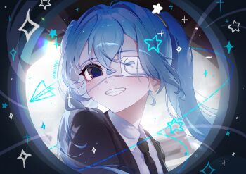 Rule 34 | 1girl, absurdres, black necktie, blazer, blue eyes, blue hair, blush, clenched teeth, collared shirt, eyepatch, hatsune miku, highres, jacket, jelmul, long hair, looking at viewer, monitoring (vocaloid), necktie, one eye covered, open mouth, peephole, pov, pov peephole, shirt, solo, standing, teeth, twintails, upper body, very long hair, vocaloid, white shirt