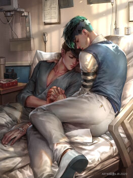 2boys bed bento black_hair blue_eyes blue_sweater_vest closed_eyes collarbone commentary_request diamond_wa_kudakenai earrings green_hair hand_on_another&#039;s_shoulder headband higashikata_josuke highres holding_hands hospital_bed intravenous_drip jewelry jojo_no_kimyou_na_bouken kdash kishibe_rohan long_sleeves male_focus multiple_boys pants paper shirt short_hair sweater_vest white_pants white_shirt yaoi
