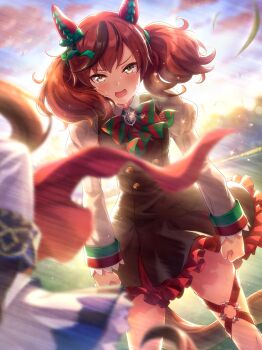 2girls absurdres animal_ears artist_request blush brown_eyes brown_hair cloud game_cg hair_ornament highres horse_ears horse_girl horse_tail long_hair looking_at_viewer medium_hair multicolored_hair multiple_girls nice_nature_(poinsettia_ribbon)_(umamusume) nice_nature_(umamusume) official_art open_mouth red_hair scarf solo_focus streaked_hair sweat tail tokai_teio_(peak_joy)_(umamusume) tokai_teio_(umamusume) umamusume