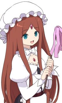 1girl apron bow brown_hair chest_jewel dress duster frilled_apron frills gem_on_head highres holding holding_duster long_hair maid maid_apron myne_(p&amp;d) open_mouth puffy_sleeves puzzle_&amp;_dragons smile solo tento_(te_nnto22) waist_apron white_apron