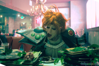 1girl cosplay cosplay_photo eating gloves holding_glass lina_inverse open_mouth photo_(medium) slayers solo