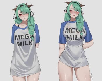 1girl animal_ears bra breasts colored_sclera commentary cow_ears cow_girl cow_horns crelly curvy dice_hair_ornament dummyusagi english_commentary fang green_hair grey_eyes grey_sclera hair_ornament heterochromia highres horns indie_virtual_youtuber large_breasts long_hair mega_milk meme mole mole_under_mouth open_mouth pajamas_challenge_(meme) red_eyes see-through_clothes see-through_shirt shirt side_ponytail sweat thighs underwear virtual_youtuber white_shirt