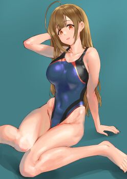 Rule 34 | 1girl, ahoge, arm behind head, blue background, blue one-piece swimsuit, breasts, brown eyes, brown hair, collarbone, competition swimsuit, covered navel, dokiyuri, feet out of frame, highleg, highleg one-piece swimsuit, highres, idolmaster, idolmaster shiny colors, kuwayama chiyuki, large breasts, long hair, one-piece swimsuit, sitting, solo, swimsuit