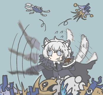 Rule 34 | 1boy, afterimage, animal ear fluff, animal ears, arknights, black cape, black gloves, black jacket, black necktie, cape, chemical mel, chibi, chibi only, chocolate-covered food, chocolate on spaghetti, commentary request, eating, flying sweatdrops, food in mouth, gameplay mechanics, gloves, green background, grey eyes, grey hair, highres, holding, holding plate, holding sword, holding weapon, jacket, long sleeves, looking ahead, monster, motion lines, necktie, nethersea founder (arknights), nethersea reefbreaker (arknights), nethersea spewer (arknights), nethersea swarmcaller (arknights), plate, pocket sea crawler (arknights), seaborn (arknights), shell sea runner (arknights), shirt, silverash (arknights), simple background, snow leopard boy, snow leopard ears, snow leopard tail, solo, standing, sword, waving arm, weapon, white shirt