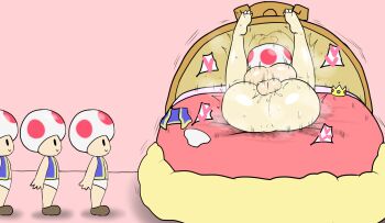 1girl 4boys artist_name ass enigi09 heart highres mario_(series) mating_press multiple_boys nintendo princess_peach sex spoken_heart super_mario_bros._1 testicles toad_(mario)