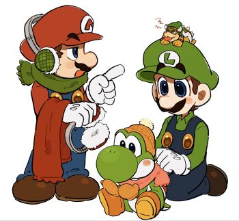 4boys angry blue_eyes blue_overalls bowser colored_skin dinosaur earmuffs facial_hair full_body gloves green_hat green_scarf green_shirt green_skin hat highres horns long_sleeves looking_at_another luigi mario mario_(series) mimimi_(mimimim9999) multiple_boys mustache nintendo open_mouth orange_gloves orange_hat overalls pointing pointing_at_another red_hat red_scarf red_shirt reptile_boy scarf shirt shoes short_hair sitting size_difference standing tongue tongue_out white_background white_gloves winter_clothes yoshi