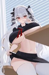 Rule 34 | 1girl, absurdres, azur lane, black sailor collar, black serafuku, breast rest, breasts, breasts on table, clothes lift, crop top, finger to mouth, formidable (azur lane), formidable (the lover&#039;s heart flutters on duty) (azur lane), hair ribbon, highres, index finger raised, jojo xiuxian, large breasts, lifted by self, long hair, looking at viewer, navel, official alternate costume, pleated skirt, red eyes, ribbon, sailor collar, school uniform, serafuku, sitting, skirt, skirt lift, twintails, two-sided ribbon, two-tone ribbon, underboob, very long hair, white hair