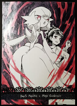 2girls bob_cut character_name diantha_(pokemon) edo-sama elbow_gloves gardevoir gen_3_pokemon gloves highres inktober jewelry mega_gardevoir mega_pokemon multiple_girls necklace nintendo open_mouth pink_eyes pokemon pokemon_(creature) pokemon_xy smile traditional_media