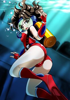 1girl air_bubble ass belt black_belt breasts brown_eyes brown_hair bubble cameltoe caustics commentary_request covered_erect_nipples diving_mask fingerless_gloves flippers foot_out_of_frame glasses gloves goggles hiro68 leotard looking_at_viewer looking_back marin_(titanic_mystery:_ao_no_senritsu) open_mouth oxygen_tank red_gloves red_leotard ship short_hair skin_tight small_breasts smile solo thighs titanic_mystery:_ao_no_senritsu underwater watercraft
