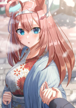 1girl 1other absurdres ahoge animal_ears blue_eyes blue_robe blush breasts breath brown_hair commentary_request floral_print floral_print_kimono grey_hairband grey_kimono hair_between_eyes hairband highres holding_hands horse_ears horse_girl japanese_clothes kimono large_breasts long_hair looking_at_viewer mihono_bourbon_(umamusume) ooeyama parted_lips print_kimono robe silver_hairband solo_focus textless_version umamusume