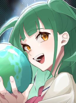 Rule 34 | 1girl, :d, absurdres, blunt bangs, commentary request, globe, green hair, highres, holding, holding globe, ikizulive! 1st live ~what is my l?~, ikizulive! love live! bluebird, love high school uniform, love live!, love you save the earth!!, neckerchief, open mouth, orange eyes, pink neckerchief, portrait, rakko no yu uyu, school uniform, shirt, sidelocks, simple background, smile, solo, teeth, two side up, upper teeth only, white background, white shirt, yamada midori