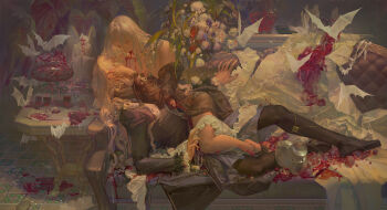 024_(1a41a4) 1boy 1girl absurdres bat_(animal) beard blonde_hair blood blood_on_face blue_eyes bracelet broken_statue carmilla_(fate) couch cup drinking_glass earrings facial_hair fate/grand_order fate_(series) flower full_body hands_on_another&#039;s_face hetero highres holding holding_cup indoors jacket jewelry long_hair long_sleeves lying off_shoulder on_couch pants see-through_clothes shoes spill straddling vampire vlad_iii_(fate/apocrypha) white_hair wide-eyed wine_glass yellow_eyes