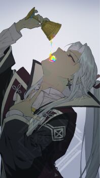 1boy amakusa_shirou_(fate) amakusa_shirou_(third_ascension)_(fate) artist_name brown_eyes collared_shirt cup earrings fate/grand_order fate_(series) flamma_aqua glowing glowing_eyes hair_intakes hair_tie high_ponytail highres holding holding_cup holy_grail_(fate) jewelry jinbaori leaning_back long_hair long_sleeves looking_at_object looking_up male_focus ponytail scar scar_on_neck shirt signature solo tassel thick_eyelashes upper_body white_hair white_shirt