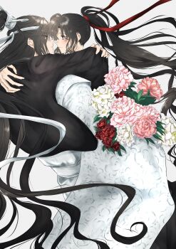 2boys ahoge arms_around_neck black_hair black_hanfu blue_eyes blush bouquet chinese_clothes couple eye_contact face-to-face floating_hair flower grey_background hair_ribbon hand_on_another&#039;s_shoulder hanfu headband high_ponytail highres holding holding_bouquet hug lan_wangji long_hair long_sleeves looking_at_another male_focus modao_zushi multiple_boys naruse_(kmk648) parted_lips pink_flower ponytail red_flower red_ribbon ribbon robe rose sidelocks simple_background smile topknot very_long_hair wei_wuxian white_background white_flower white_hanfu white_headband wide_sleeves xiao_guan_(headdress) yaoi yellow_eyes