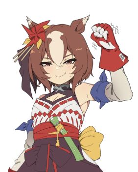 Rule 34 | 1girl, animal ears, archives.gokulism, bare shoulders, black skirt, blush, breasts, brown eyes, brown hair, cleavage, cleavage cutout, clenched hand, closed mouth, clothing cutout, commentary, detached sleeves, english commentary, gloves, hair between eyes, highres, horse ears, horse girl, japanese clothes, looking at viewer, motion lines, multicolored hair, pinwheel, pinwheel hair ornament, red gloves, red sash, sash, short hair, simple background, skirt, sleeveless, smile, solo, streaked hair, sweat, trembling, umamusume, white background, white hair, yaeno muteki (attack of the four white meteors) (umamusume), yaeno muteki (umamusume)