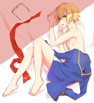 Rule 34 | 1boy, age regression, bed, bed sheet, blazblue, blazblue: calamity trigger, blazblue: central fiction, blazblue: chronophantasma, blazblue: continuum shift, blonde hair, glasses, green eyes, kisaragi jin, long sleeves, looking at viewer, male focus, nipples, nude, potato (oriha94), solo, uniform, aged down