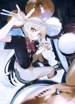1girl \n/ absurdres ahoge blonde_hair blurry blurry_background bocchi_the_rock! bow bowtie braid braided_base brown_pants checkered_floor chiaroscuro depth_of_field detached_ahoge drum drum_set drumsticks eltir from_above high_contrast highres holding holding_drumsticks ijichi_nijika instrument kessoku_band_logo kessoku_band_t-shirt long_hair looking_at_viewer microphone muted_colors one_side_up pants perspective plaid_clothes plaid_pants polka_dot polka_dot_bow polka_dot_bowtie red_bow red_bowtie red_eyes side_ponytail side_ponytail_with_braided_base sidelocks smile solo stage suspenders turning_head v very_long_hair